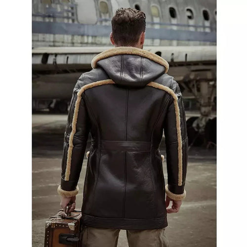 Men's B7 Bomber Sheepskin Leather Coat in Dark Brown with Hood