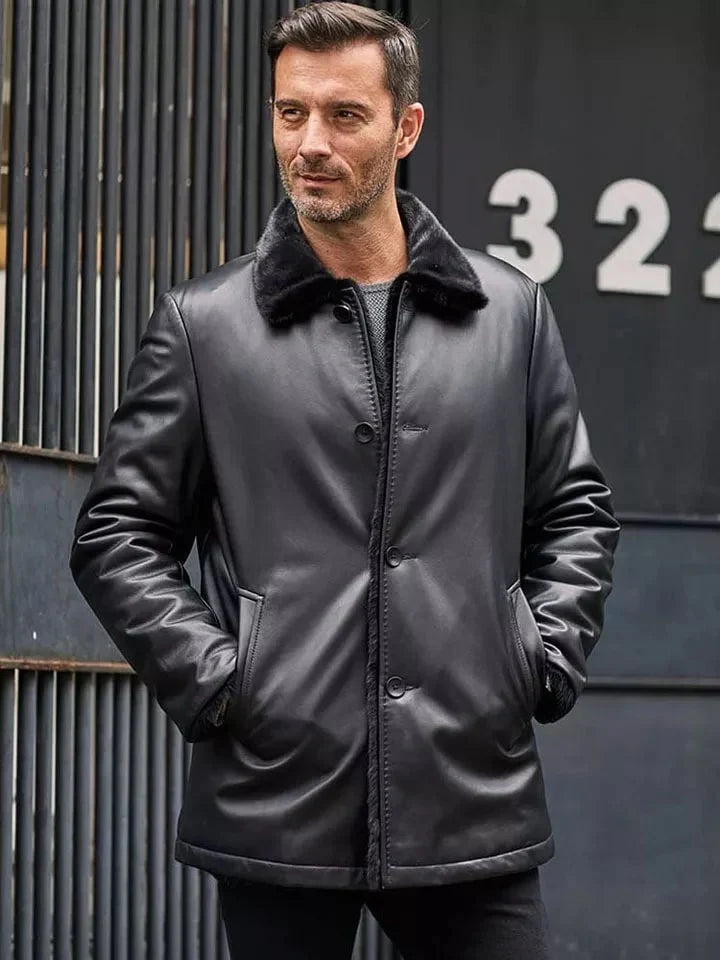Men's Double Sided Fur Shearling Leather Coat in Black