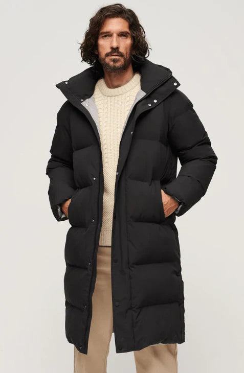 Men's Hooded Puffer Trench Coat In Black