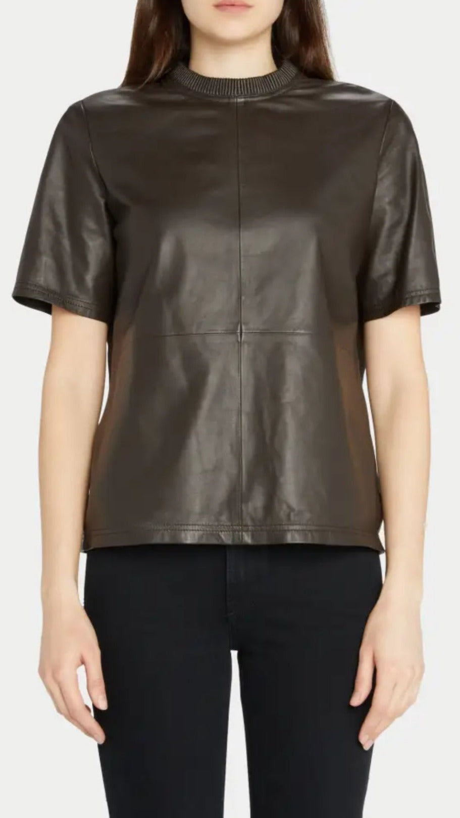 Women's Coffee Brown Round Neck Leather Shirt – Short Sleeve