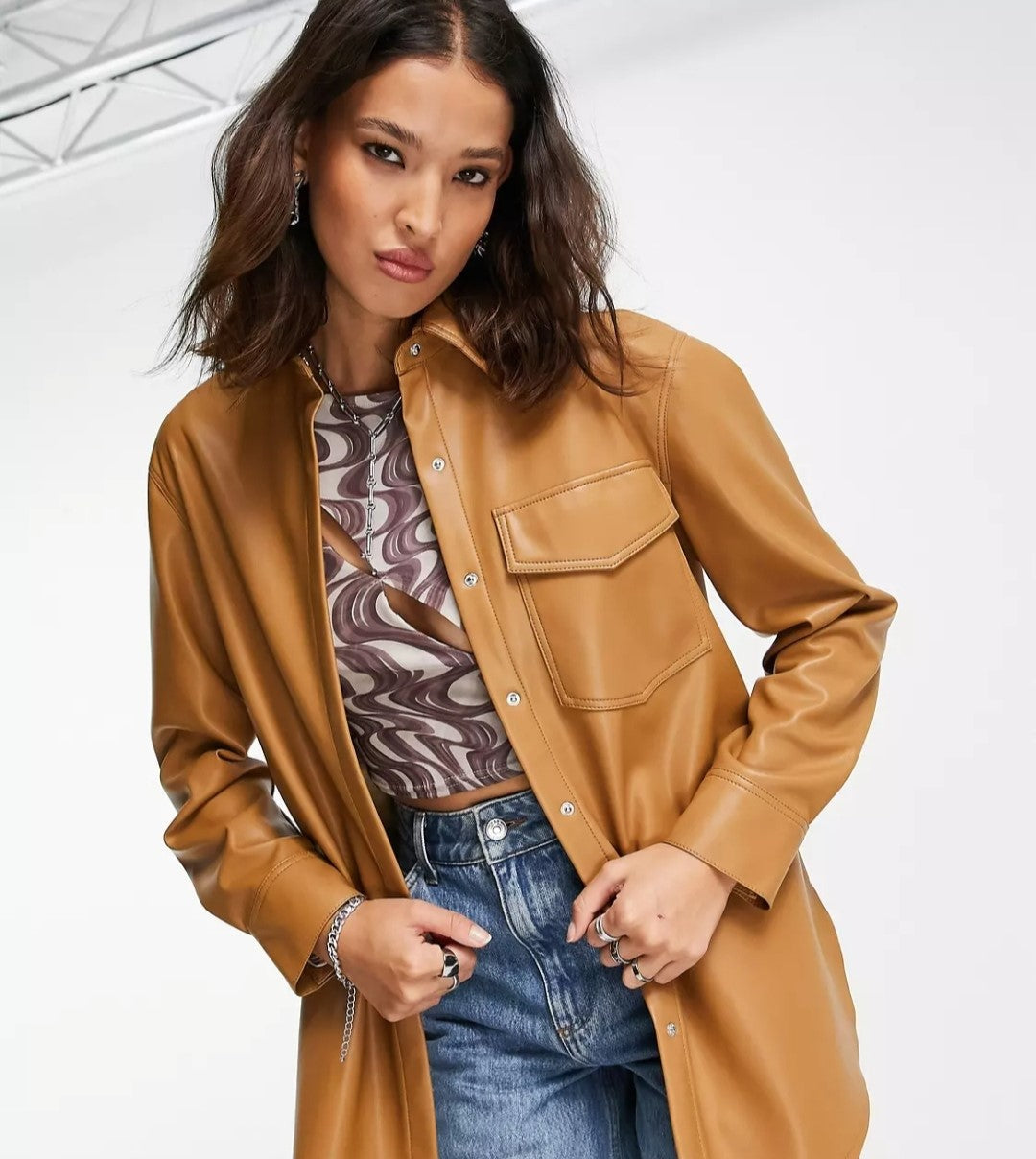 Women's Brown Classic Trucker Leather Shirt