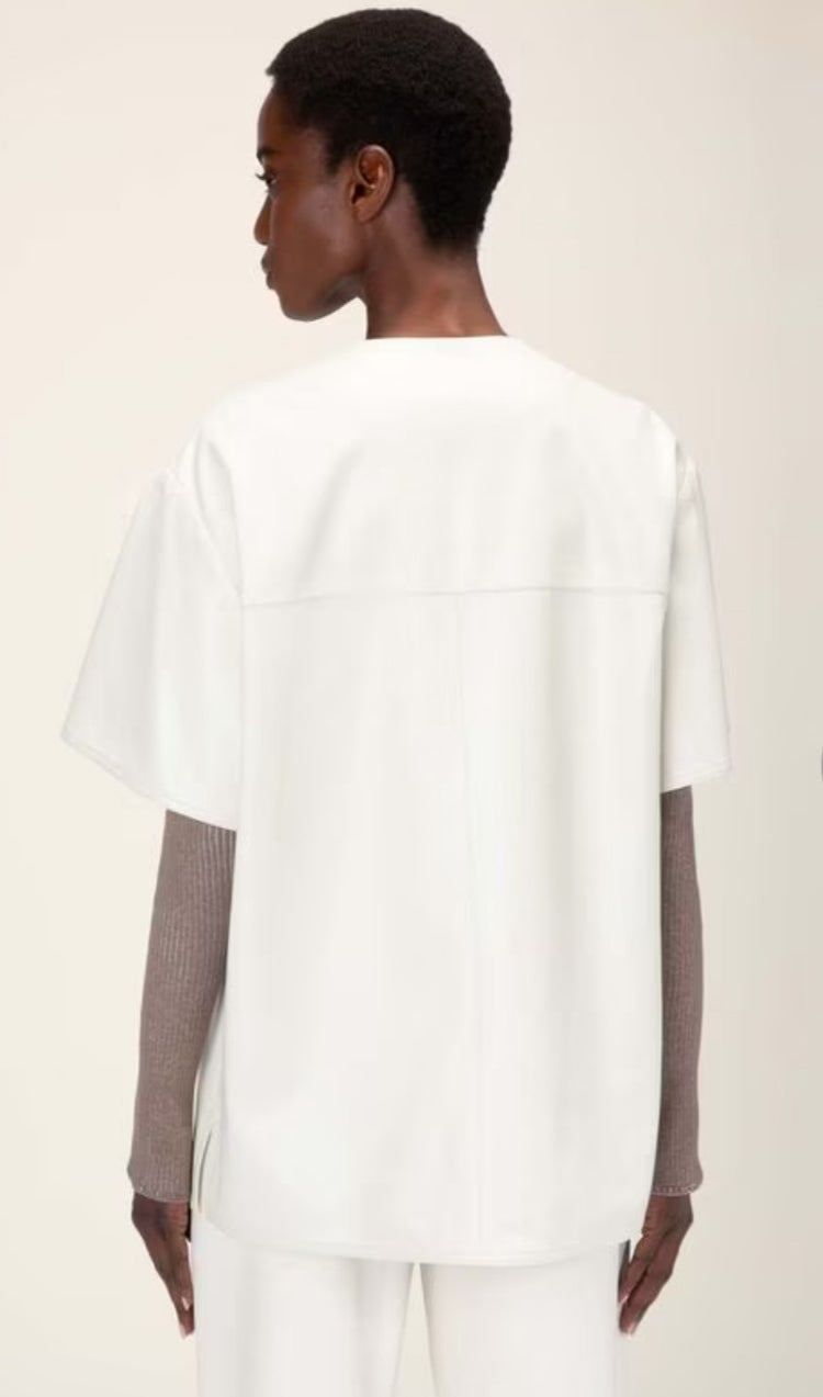 Women's White Round Neck Leather Shirt – Genuine Cowhide