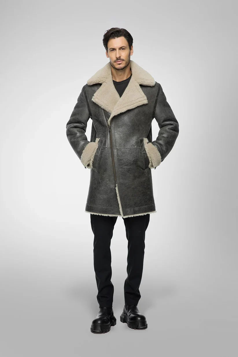 Men's Shearling Leather Coat in Gray