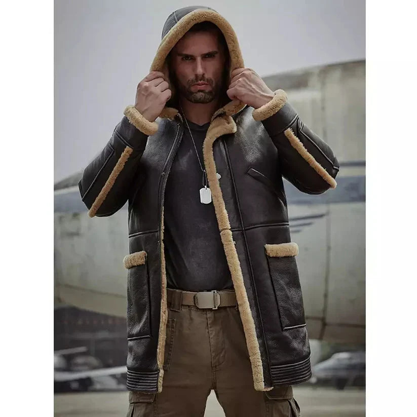 Men's B7 Bomber Sheepskin Leather Coat in Dark Brown with Hood